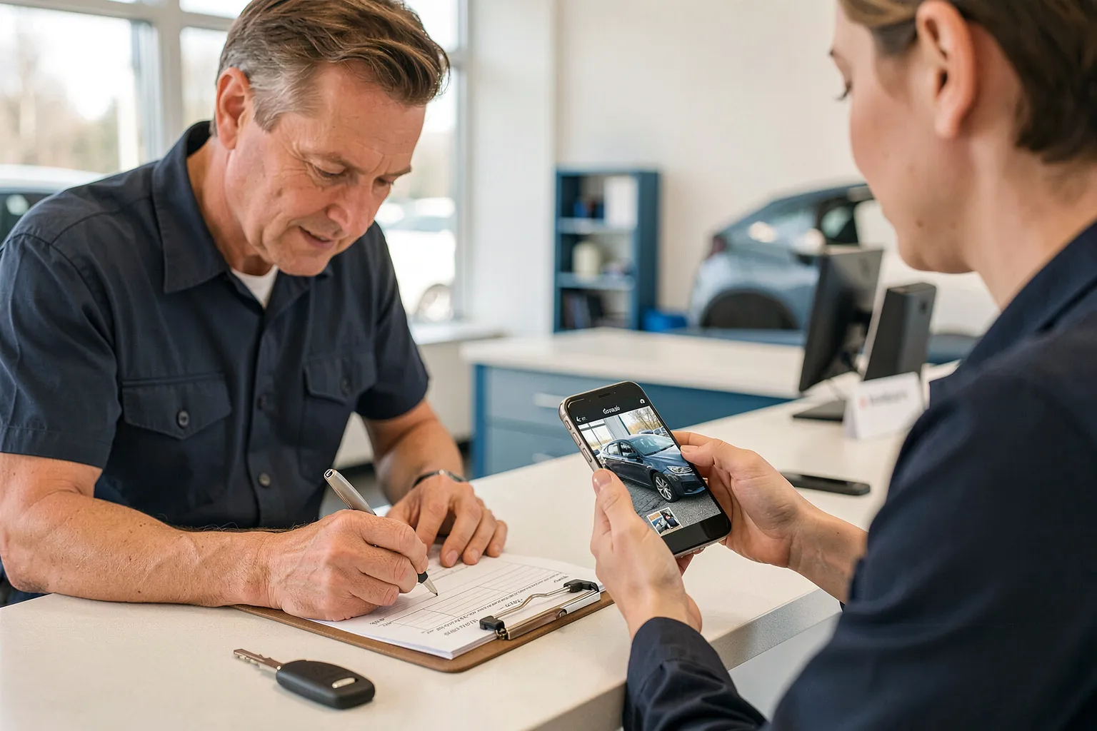 Un carrossier remplit un devis de réparation sur un comptoir d’accueil pendant qu’une cliente lui montre sur son téléphone les photos de sa voiture abîmée.