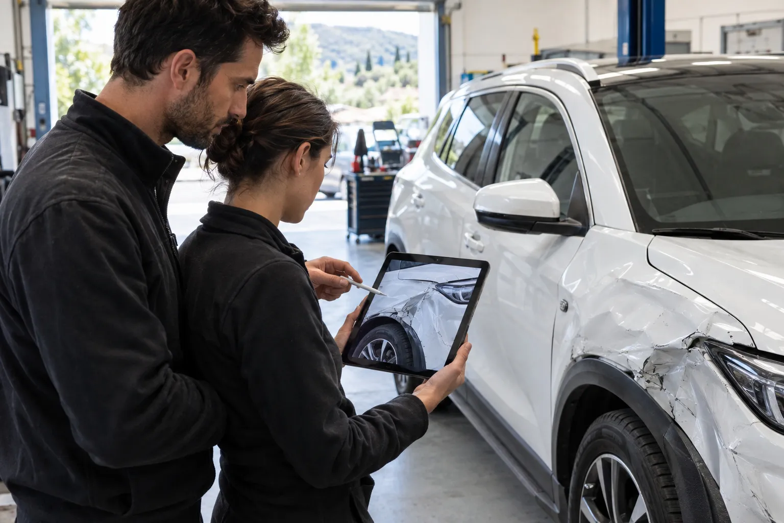 Deux professionnels étudient ensemble une tablette près d'une voiture à l'aile abîmée dans un atelier rangé.