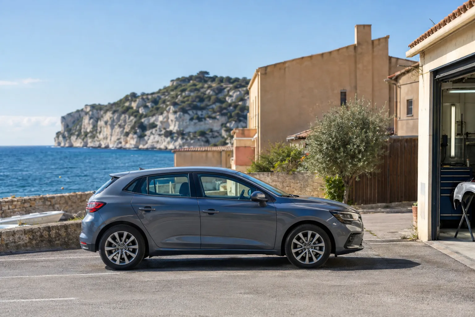 Voiture garée sur un petit parking en bord de mer, façades ocre clair, falaise blanche et mer au fond.